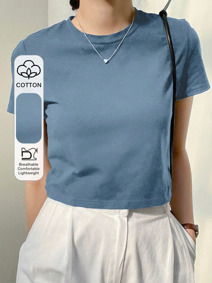 Dazy-Less Camiseta corta de cuello redondo de color sólido, tops de estilo preppy de verano, ropa casual de negocios para mujer