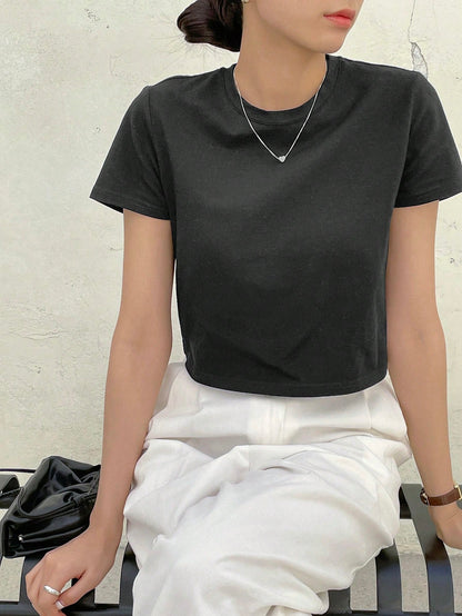 Dazy-Less Camiseta corta de cuello redondo de estilo "Old Money" para mujer, ropa de trabajo informal de verano