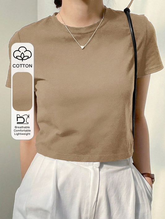 Dazy-Less Top corto de cuello redondo de un solo color, estilo Old Money para el verano, casual de negocios para mujer