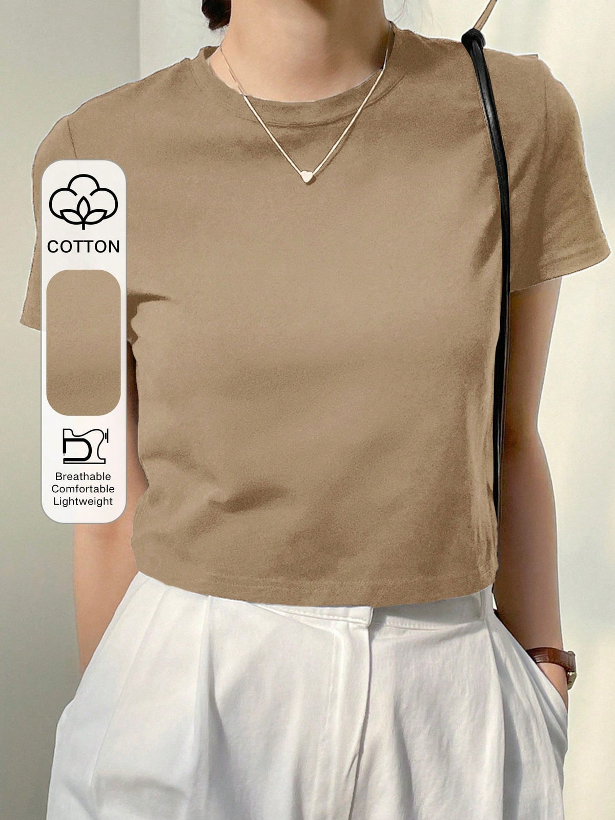 Dazy-Less Camiseta corta de cuello redondo de color sólido, estilo "Old Money", ropa casual de verano para mujer en el trabajo - Camel