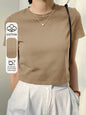 Dazy-Less Top corto de cuello redondo de un solo color, estilo Old Money para el verano, casual de negocios para mujer - Camel