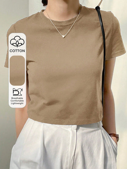 Dazy-Less Camiseta corta de cuello redondo de color sólido, tops de estilo preppy de verano, ropa casual de negocios para mujer - Camel