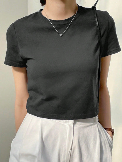Dazy-Less Camiseta corta de cuello redondo de estilo "Old Money" para mujer, ropa de trabajo informal de verano