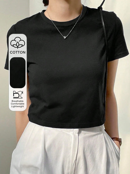 Dazy-Less Camiseta corta de cuello redondo de color sólido, tops de estilo preppy de verano, ropa casual de negocios para mujer