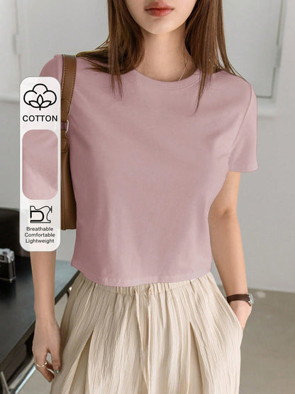 Dazy-Less Camiseta de manga corta de cuello redondo de unicolor casual de verano, Crop Tops de mujer de negocios casual ropa de trabajo para mujer - Rosa