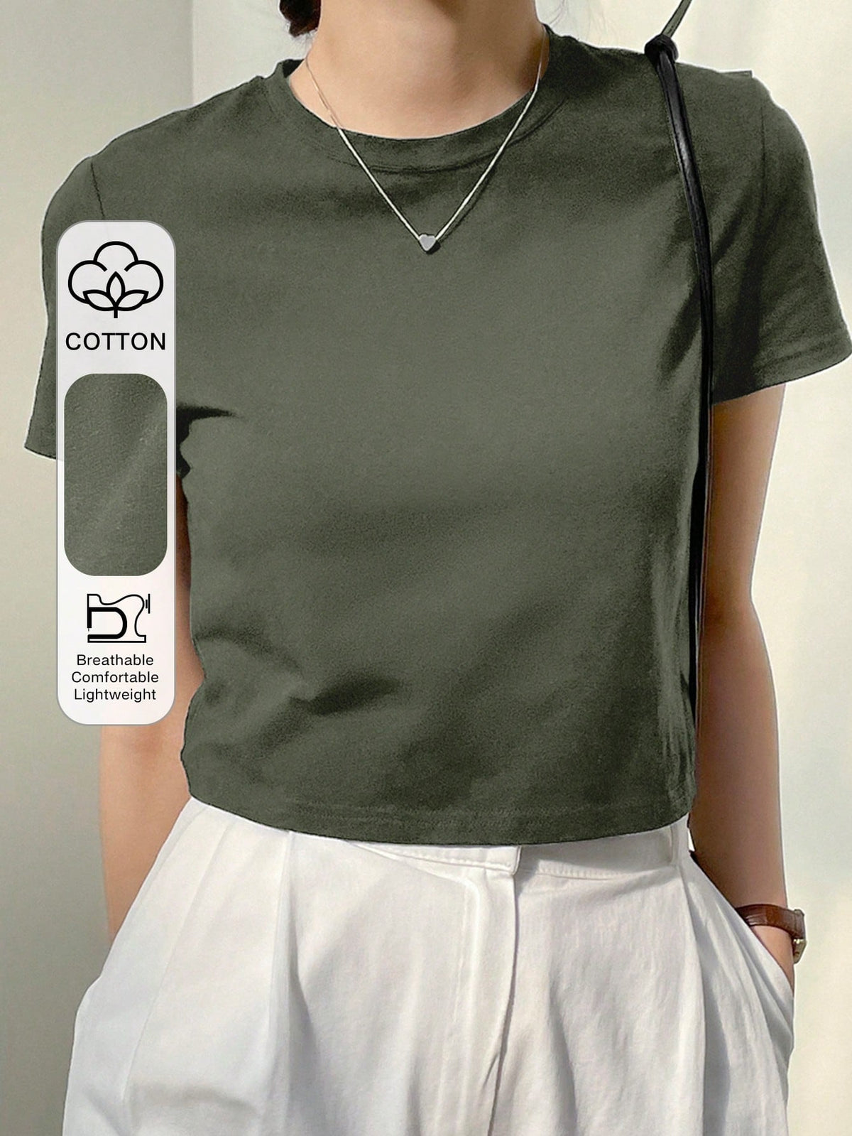 Dazy-Less Top corto de cuello redondo de un solo color, estilo Old Money para el verano, casual de negocios para mujer - Verde militar