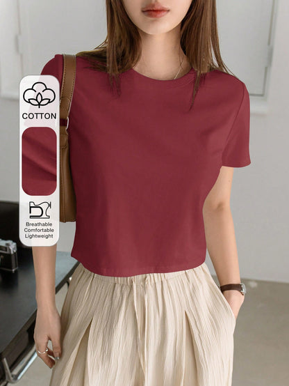 Dazy-Less Top corto de cuello redondo de un solo color, estilo Old Money para el verano, casual de negocios para mujer