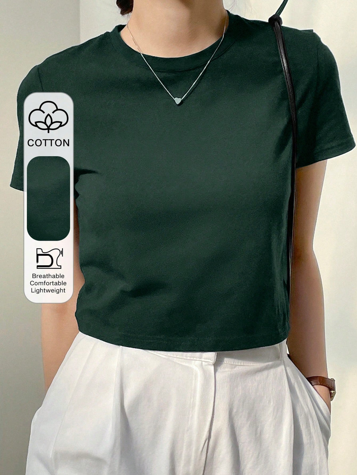 Dazy-Less Top corto de cuello redondo de un solo color, estilo Old Money para el verano, casual de negocios para mujer - Verde Oscuro