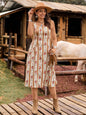 LanaWest Vestido de verano de vacaciones, lindo, con lazo, de tejido estampado - Albaricoque