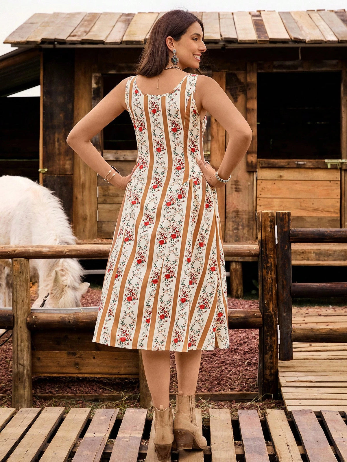 LanaWest Vestido de verano de vacaciones, lindo, con lazo, de tejido estampado