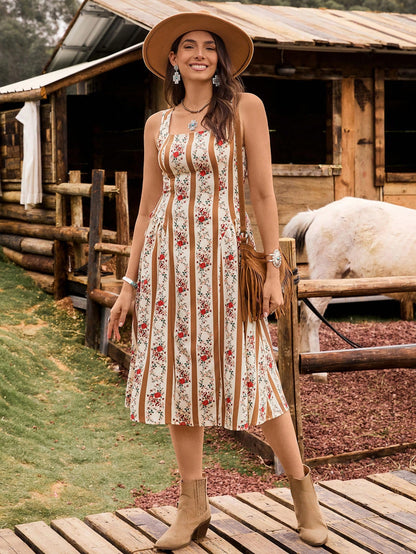 LanaWest Vestido de verano de vacaciones, lindo, con lazo, de tejido estampado
