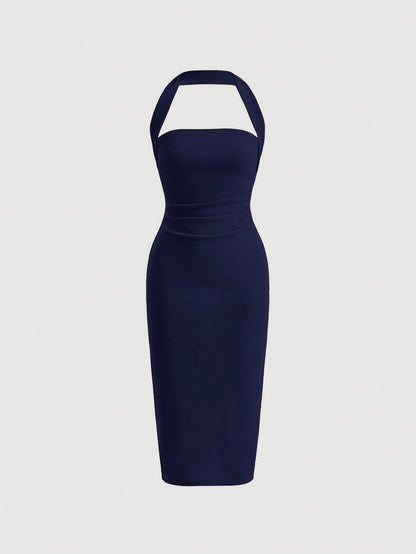 Firerie Vestido ajustado de cuello halter fruncido sin espalda - Azul Marino