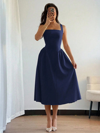 Seusyu Vestido midi elegante de mujer con cuello cuadrado, diseño plisado y sin mangas de unicolor