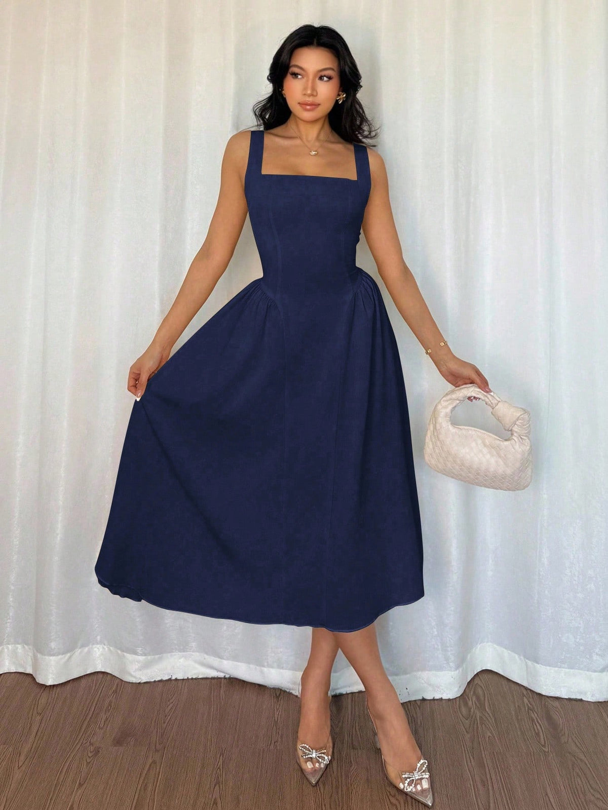Seusyu Vestido midi elegante de mujer con cuello cuadrado, diseño plisado y sin mangas de unicolor