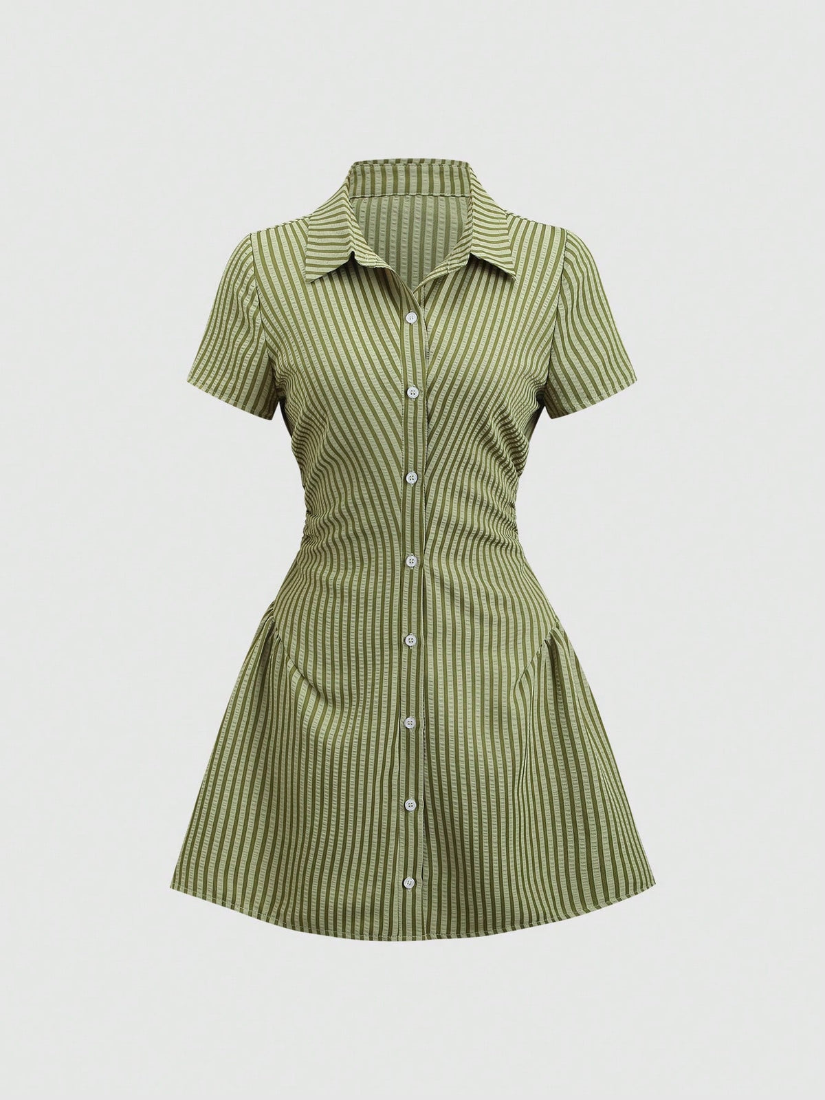 Sweetra Vestido camisa de manga corta rosa dulce y fresco, vestido blusa estilizado con cintura ceñida para el verano - Verde Oliva