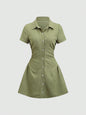 Sweetra Vestido camisa de manga corta rosa dulce y fresco, vestido blusa estilizado con cintura ceñida para el verano - Verde Oliva