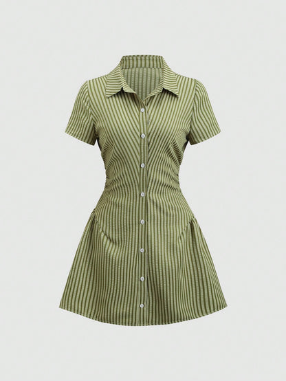 Sweetra Vestido camisa de manga corta rosa dulce y fresco, vestido blusa estilizado con cintura ceñida para el verano