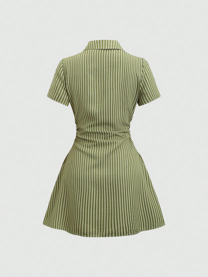 Sweetra Vestido camisa de manga corta rosa dulce y fresco, vestido blusa estilizado con cintura ceñida para el verano