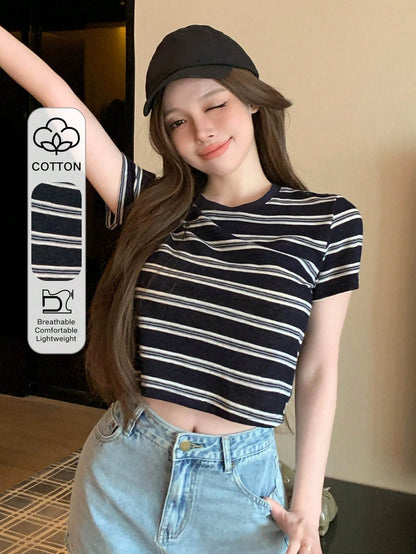 Dazy-Less Camiseta corta de cuello redondo de color sólido, estilo "Old Money", ropa casual de verano para mujer en el trabajo