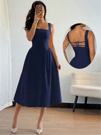 Seusyu Vestido midi elegante de mujer con cuello cuadrado, diseño plisado y sin mangas de unicolor