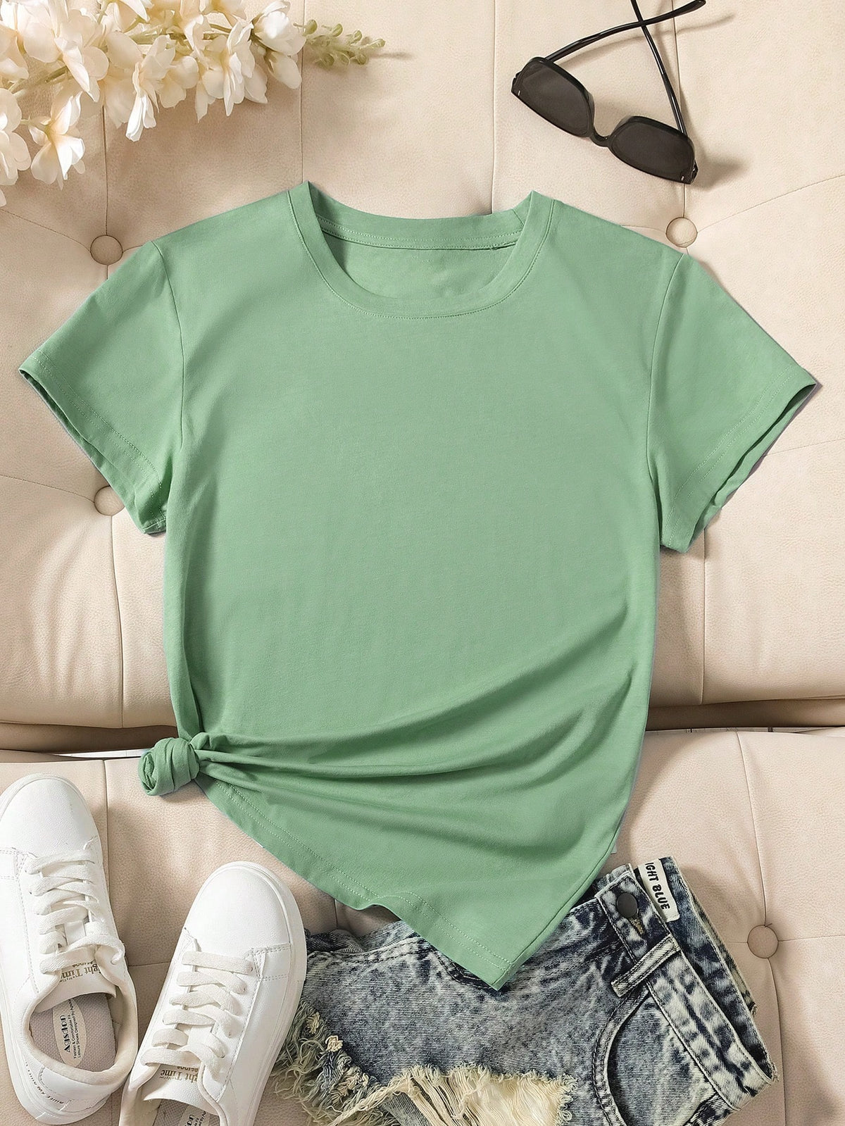 INAWLY Camiseta casual de manga corta y cuello redondo en unicolor para mujer en verano - verde menta
