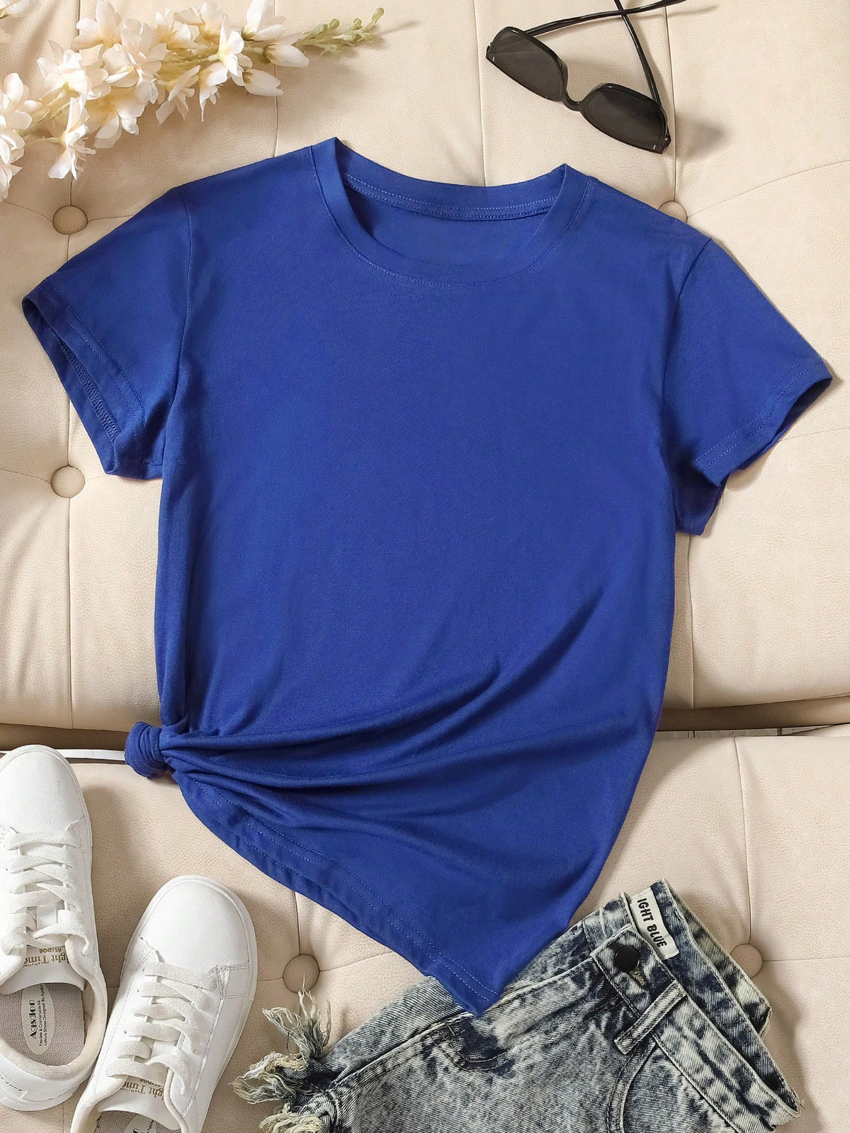 INAWLY Camiseta casual de manga corta y cuello redondo en unicolor para mujer en verano - azul real