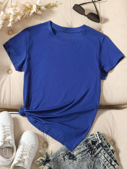 INAWLY Camiseta casual de manga corta y cuello redondo en unicolor para mujer en verano - azul real
