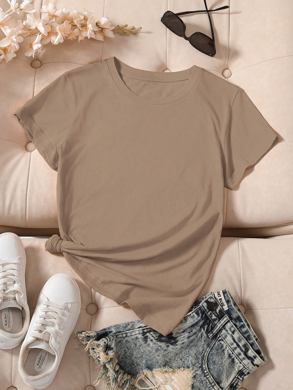 INAWLY Camiseta casual de manga corta y cuello redondo en unicolor para mujer en verano - Marrón Mocha