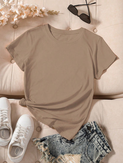 INAWLY Camiseta casual de manga corta y cuello redondo en unicolor para mujer en verano - Marrón Mocha