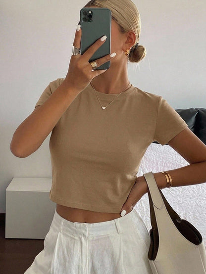 Dazy-Less Top corto de cuello redondo de un solo color, estilo Old Money para el verano, casual de negocios para mujer