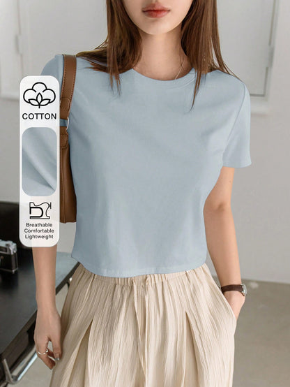 Dazy-Less Camiseta corta de cuello redondo de color sólido, estilo "Old Money", ropa casual de verano para mujer en el trabajo - Celeste