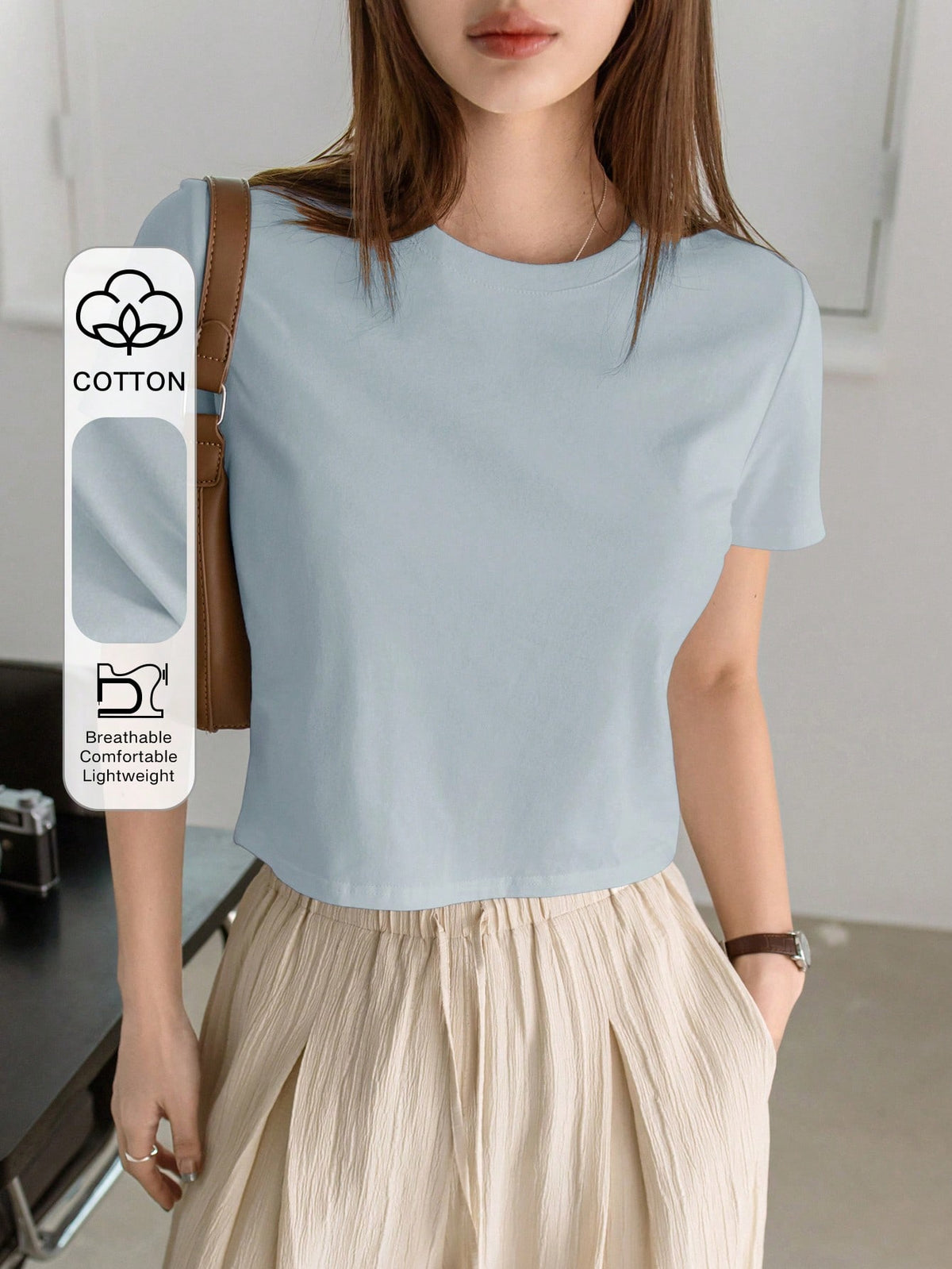 Dazy-Less Top corto de cuello redondo de un solo color, estilo Old Money para el verano, casual de negocios para mujer - Celeste