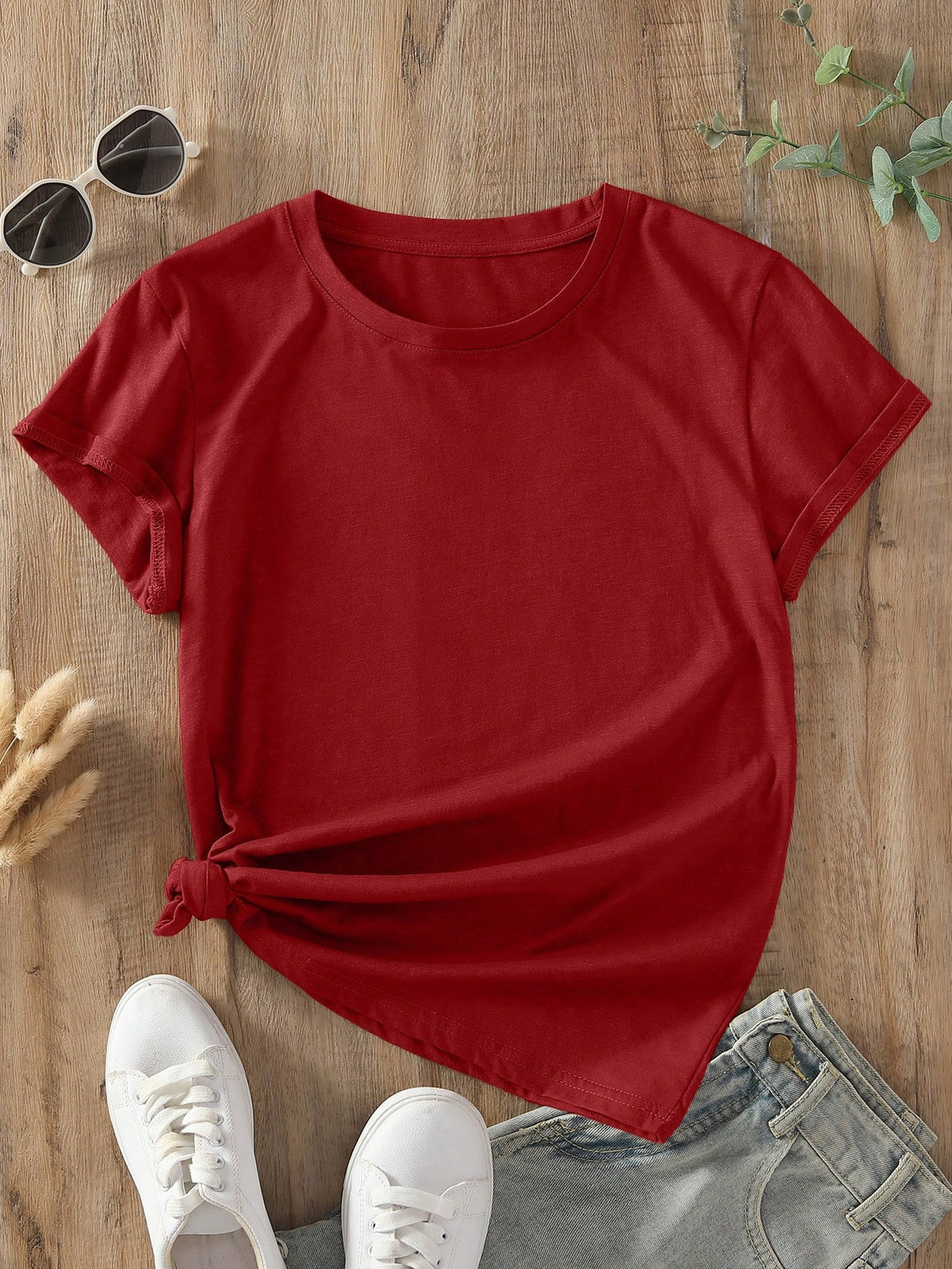INAWLY Camiseta casual de manga corta y cuello redondo en unicolor para mujer en verano - Rojo