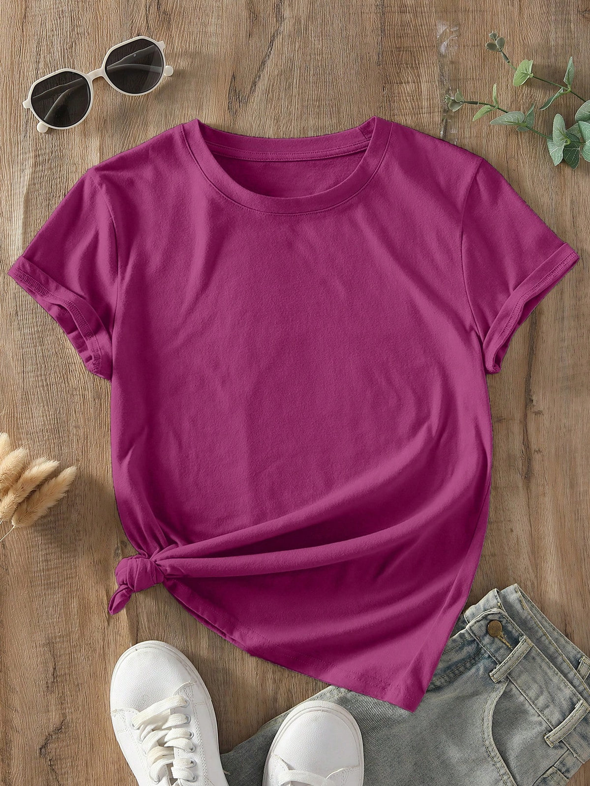 INAWLY Camiseta casual de manga corta y cuello redondo en unicolor para mujer en verano