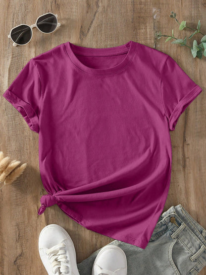 INAWLY Camiseta casual de manga corta y cuello redondo en unicolor para mujer en verano