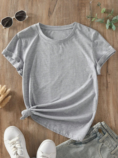 INAWLY Camiseta casual de manga corta y cuello redondo en unicolor para mujer en verano - Gris Claro
