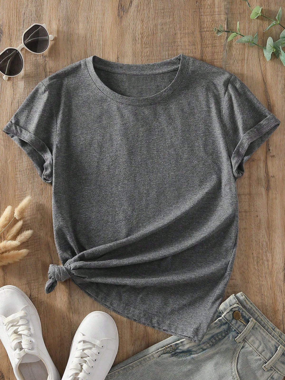 INAWLY Camiseta casual de manga corta y cuello redondo en unicolor para mujer en verano - Gris Oscuro