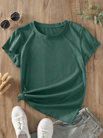 INAWLY Camiseta casual de manga corta y cuello redondo en unicolor para mujer en verano