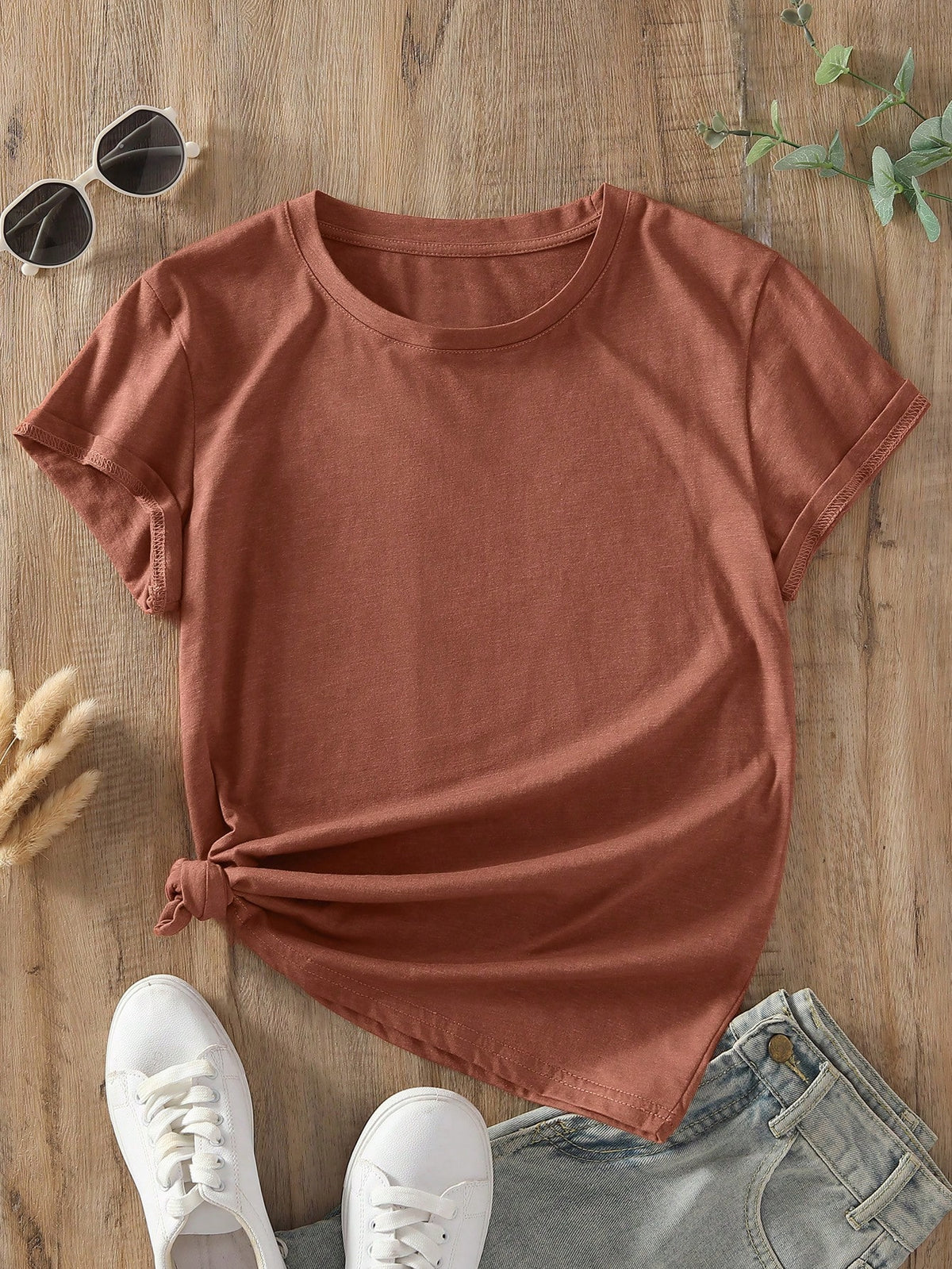 INAWLY Camiseta casual de manga corta y cuello redondo en unicolor para mujer en verano - Óxido marrón