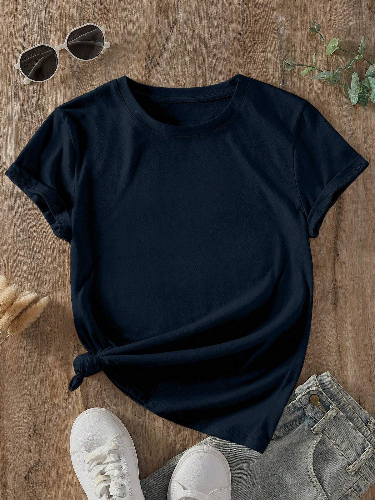 INAWLY Camiseta casual de manga corta y cuello redondo en unicolor para mujer en verano
