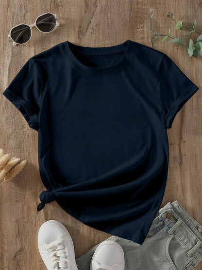 INAWLY Camiseta casual de manga corta y cuello redondo en unicolor para mujer en verano