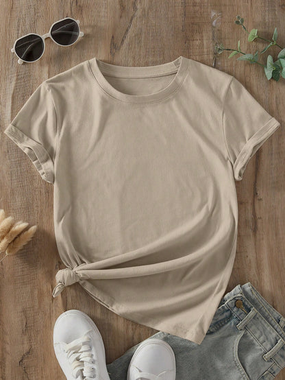 INAWLY Camiseta casual de manga corta y cuello redondo en unicolor para mujer en verano - Caqui