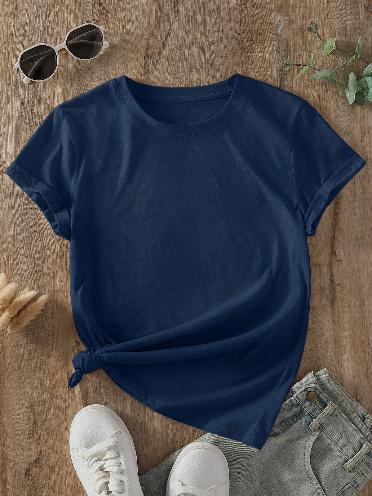 INAWLY Camiseta casual de manga corta y cuello redondo en unicolor para mujer en verano