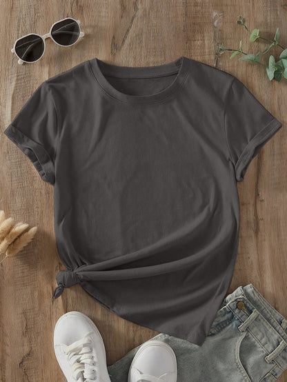 INAWLY Camiseta casual de manga corta y cuello redondo en unicolor para mujer en verano
