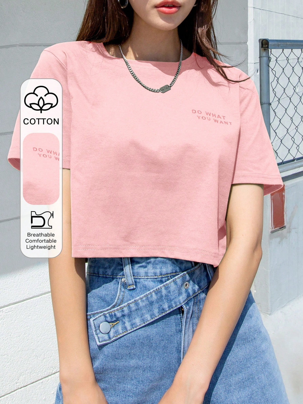 DAZY Camiseta corta con gráfico de eslogan: "HACER LO QUE QUIERAS" - Verano - Rosa Pálido