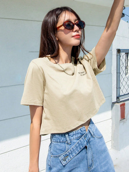 DAZY Camiseta de cuello redondo con eslogan gráfico HAZLO QUE QUIERAS, Verano, Crop Tops Mujer