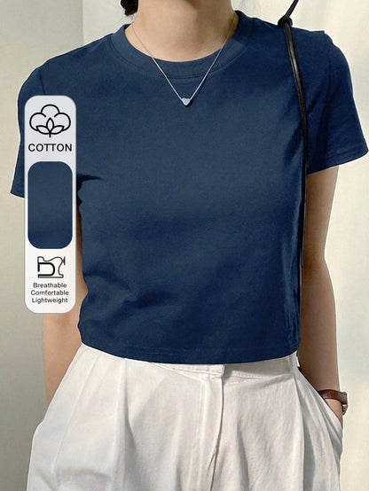 Dazy-Less Camiseta corta de cuello redondo de color sólido, estilo "Old Money", ropa casual de verano para mujer en el trabajo