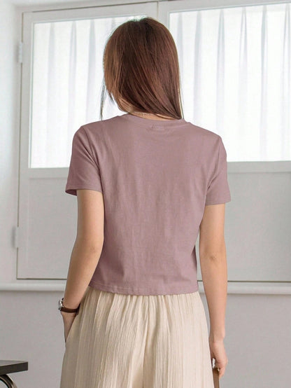 Dazy-Less Camiseta de manga corta de cuello redondo de unicolor casual de verano, Crop Tops de mujer de negocios casual ropa de trabajo para mujer