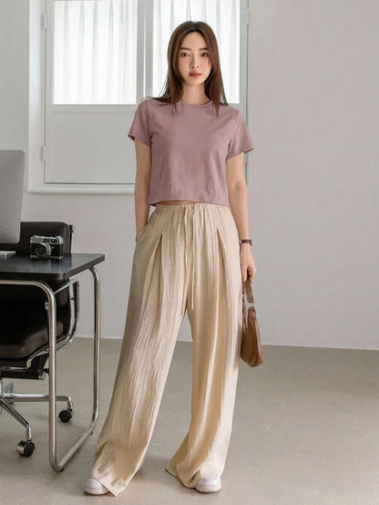 Dazy-Less Camiseta de manga corta de cuello redondo de unicolor casual de verano, Crop Tops de mujer de negocios casual ropa de trabajo para mujer