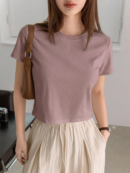 Dazy-Less Camiseta de manga corta de cuello redondo de unicolor casual de verano, Crop Tops de mujer de negocios casual ropa de trabajo para mujer